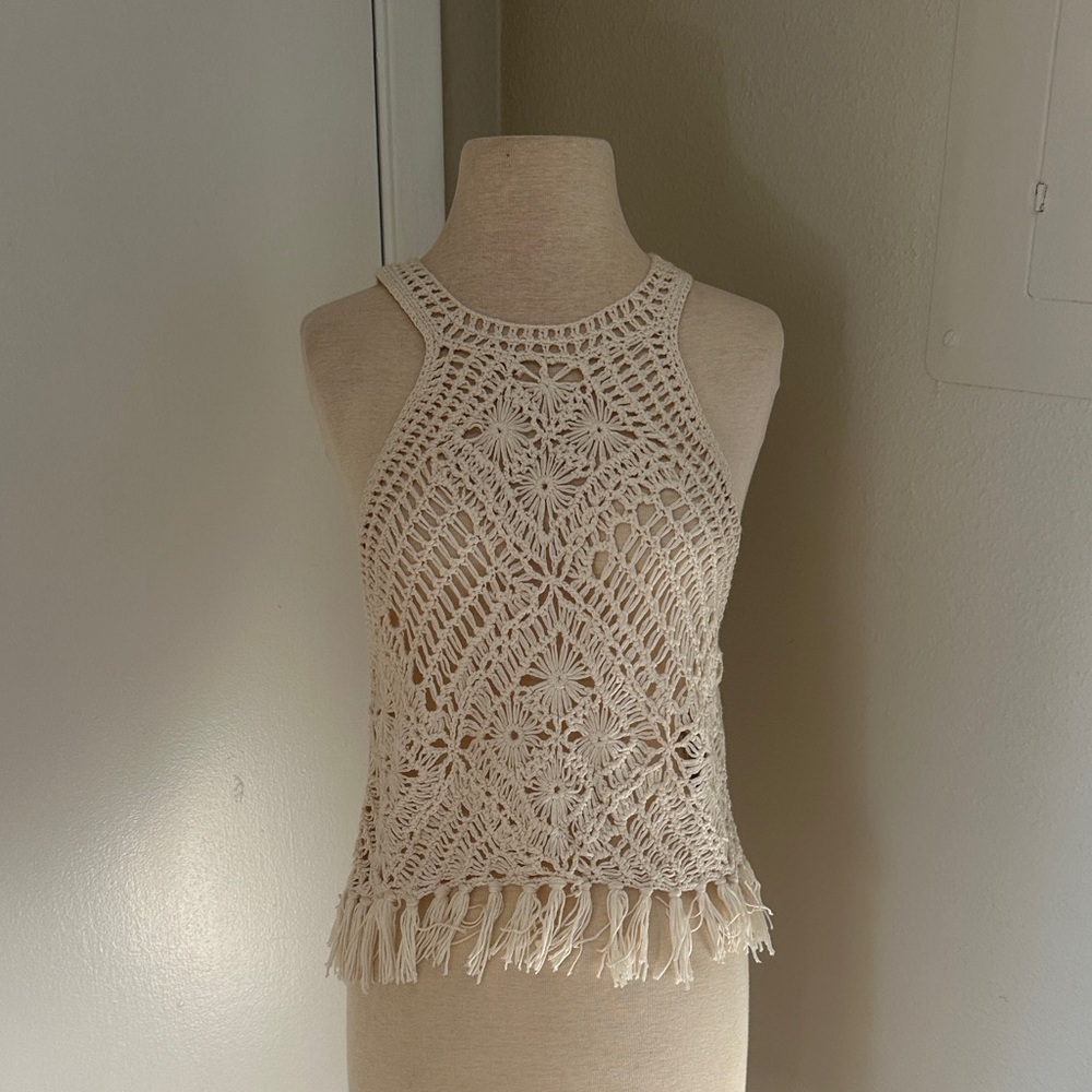 NWT Forever 21 Ivory cream white Crochet Tank with Fringe COACHELLA medium